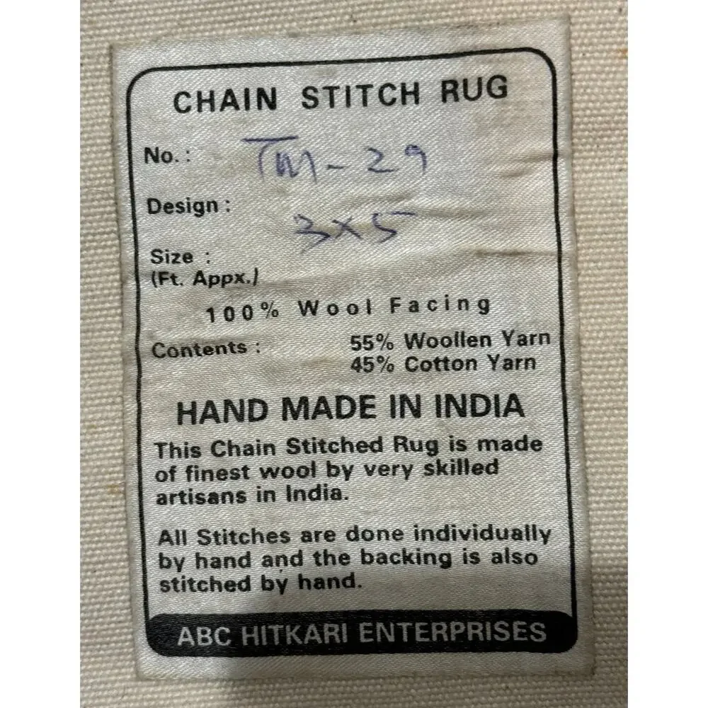 Chain Stitch Rug, Handmade in India, 3’ x 5’ Floral Pattern - Very Unique!